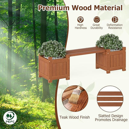 Giantex 2-in-1 Outdoor Bench with 4 Planter Boxes, Wood with Teak Oil Finish, Raised Garden Beds with Open-Ended Base, Garden Bench Seat for Porch Balcony Lawn Yard, DIY Assembly, 42"x11"x11.5"