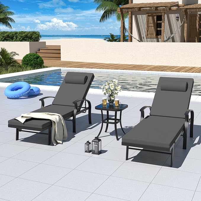 Kurapika Patio Chaise Lounge Set 3 Pieces, Aluminum Outdoor Lounge Chair, Adjustable Backrest, Pool Sunbathing Recliners with Side Table for Poolside Beach, Black