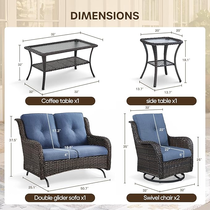 Patio Loveseat Glider Set, Resin Wicker Loveseat Glider with 2 Swivel Patio Chiars Coffee Table and Side Table, 5 Piece Patio Furniture Set Loveseat Set, Brown Wicker|Blue Cushions