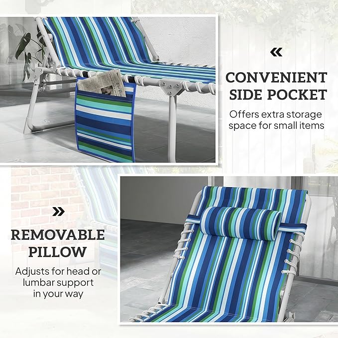 Outsunny Tanning Chair Set of 2 with Face Hole, Side Table, 5-Position Reclining Folding Chaise Lounge Chair Outdoor Lounger Recliner, Carry Straps for Beach Pool Camp, Oxford Fabric, Blue Stripe