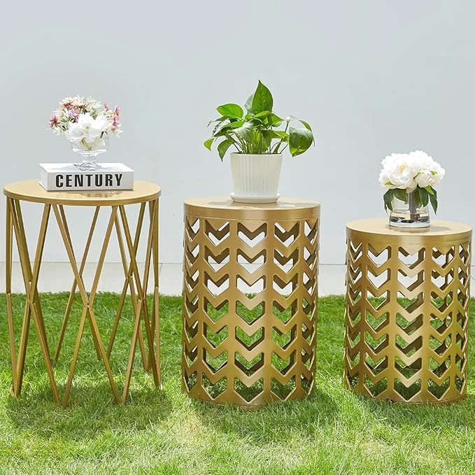 Nesting Side Table Set of 3 Decorative Round Garden Stools for Indoor Outdoor Heavy Duty Metal Frame Side Table - Photo 1