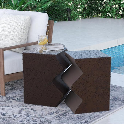 SUNBURY Concrete Side Table Set of 2, Outdoor Side Table Combine for Patio, Outdoor Accent Table Patio End Table in Spotted, Ceramic Garden Stool, Rectangular, Brown