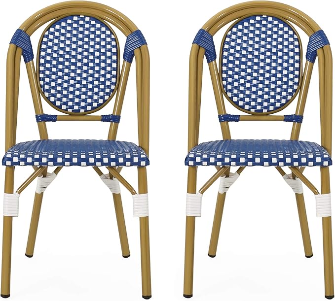 Christopher Knight Home Gwendolyn Outdoor French Bistro Chairs (Set of 2), Blue + White + Bamboo Print Finish - Photo 1
