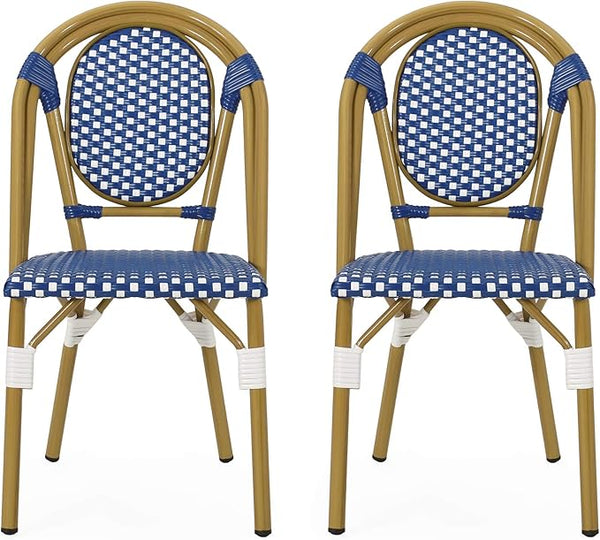 Christopher Knight Home Gwendolyn Outdoor French Bistro Chairs (Set of 2), Blue + White + Bamboo Print Finish - Photo 1