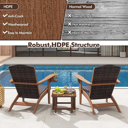 Tangkula Patio Wicker Adirondack Chair, HDPE Lounge Chair w/Rattan Padded Seat & Back, Wide Armrests & Hidden Cupholder, Outdoor All-Weather Adirondack Fire Pit Chair for Backyard, Lawn (1, Coffee)