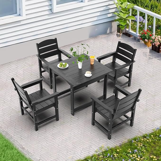 35" Outdoor Dining Table with Umbrella Hole, HIPS All-Weather Square Patio Table for Outdoor/Indoor Use, Black