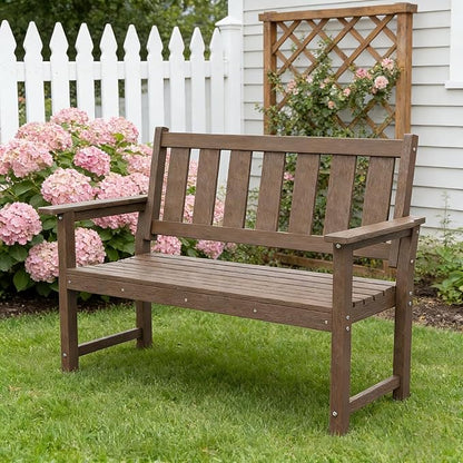 HDPE Outdoor Bench – 50'' Weatherproof Durable Garden Bench, 2-Person Park Bench, Multi-Purpose Design Ideal for Porch, Patio, Church, and School (Brown)