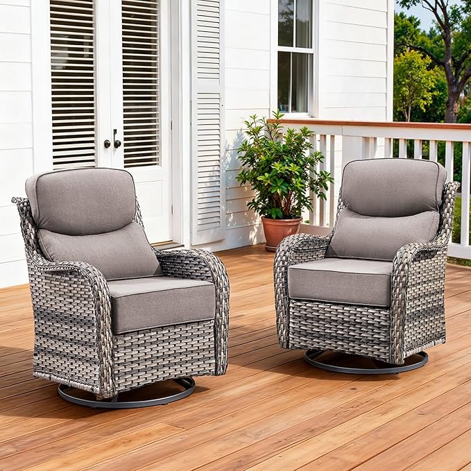 Luxury Patio Furniture Set with 6-inch Thick Cushion, High Back Outdoor Swivel Rocker Patio Chairs Set of 2, 2 PCS Wicker Conversation Set Gliders for Porch, Yard, Deck, Poolside, Grey