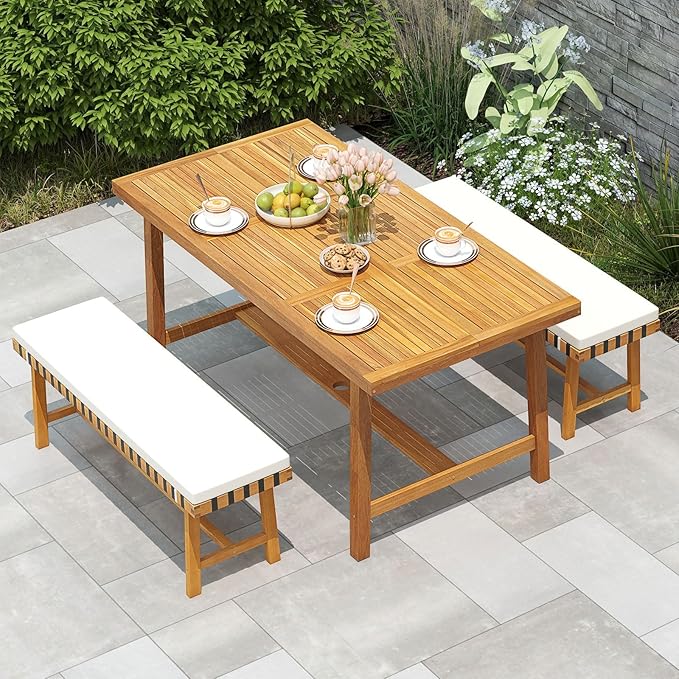 Tangkula Acacia Wood Outdoor Bench with Padded Cushion, 48" Long Dining Bench with Washable Zippered Cover, Backless Wooden Entryway Bench, Garden Poolside Porch Balcony Deck Indoor Furniture (2)