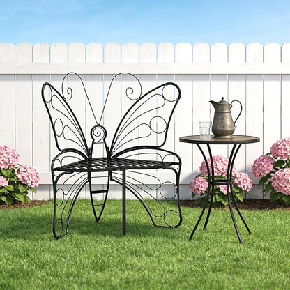 Small Metal Butterfly Garden Bench, Outdoor Benches Weatherproof, Patio Porch Bench for Outdoors, Outdoor Butterfly Chair Armless for Front Porch/Yard/Entryway (A-Black)