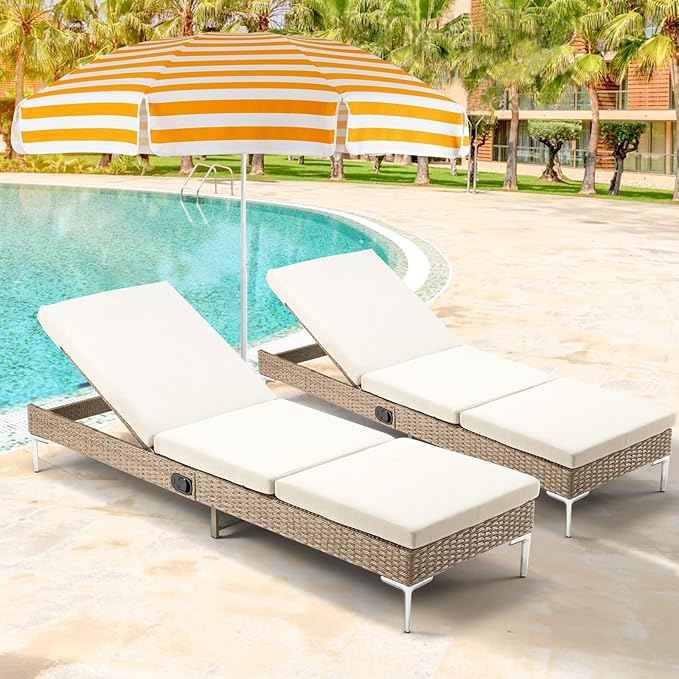 HOMREST Outdoor Chaise Lounge Chair Set of 2, Patio Wicker Lounge Chairs with Adjustable Backrest - Photo 8
