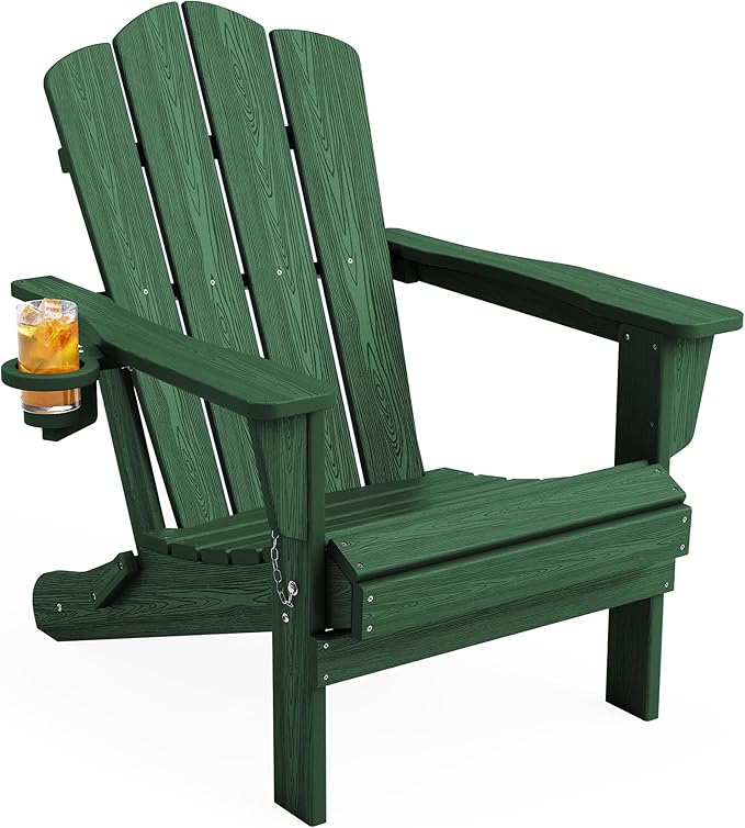 KINGYES Folding Adirondack Chair, HDPE All-Weather Patio Chairs, Wooden Textured Lawn Chair for Poolside, Backyard, Deck, Fire Pit, Green