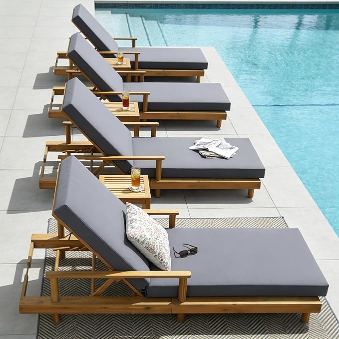 Merax Acacia Wood Outdoor Chaise Lounge Chair Set of 4, 3-Position Adjustable Back & 4" Thick Removable Dark-Grey Cushion, 400lbs Capacity, Modern Large Patio Sun Lounger for Patio Garden Pool