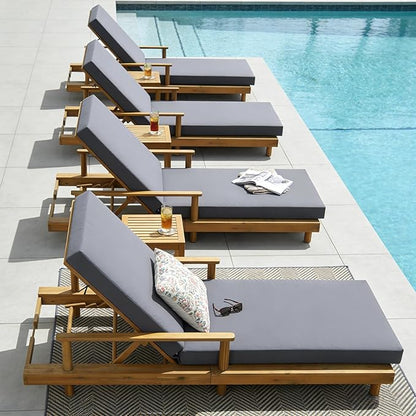 Merax Acacia Wood Outdoor Chaise Lounge Chair Set of 4, 3-Position Adjustable Back & 4" Thick Removable Dark-Grey Cushion, 400lbs Capacity, Modern Large Patio Sun Lounger for Patio Garden Pool