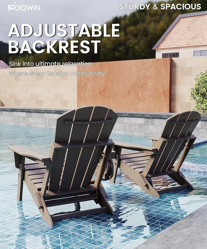 FOOWIN Folding Adjustable Adirondack Chair with Retractable Ottoman Set of 4, HDPE Adirondack Chair w/4 in 1 Cup Holder Trays,All-Weather Resistant Fire Pit Chair for Outdoor Patio Lawn, Brown