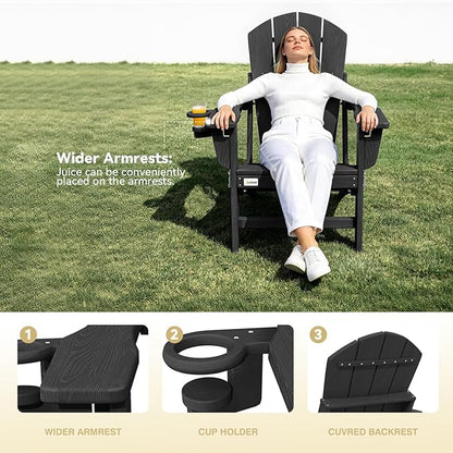Mdeam 3-Position Adjustable Adirondack Chair, 400LBS Capacity, Cup Holder, Wooden Textured, All-Weather HDPE Folding Fire Pit Outdoor Chairs for Poolside Deck Patio Garden Yard Lawn Campfire - Black