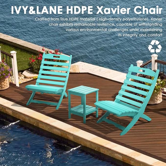 IVY&LANE Portable Xavier-Chairs Set of 2 | Folding-Adirondack-Chair | Wave | HDPE Plastic | Aqua | All-Weather Resistant | for Outdoor Fire-Pit Patio Lawn Beach Poolside