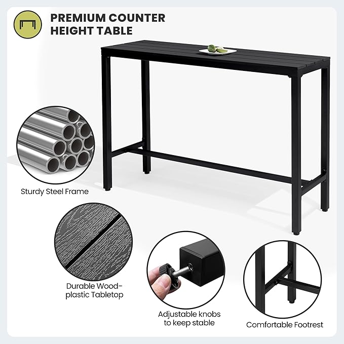 Crestlive Products Outdoor Bar Table, 55'' Rectangle Patio Counter Height Table High Pub Table with Waterproof Top and Sturdy Metal Frame for Balcony, Bistro, Garden, Backyard, Hot Tub (Black)