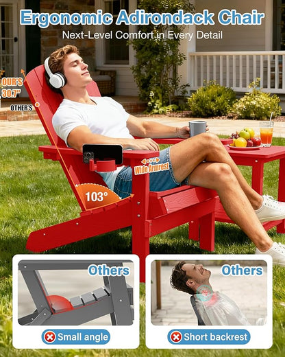 YEFU Adirondack Chairs Set of 4 for Outdoor: Zero Gravity Fire Pit Chairs Plastic with Cup Holders - Sturdy All-Weather HIPS with Wood Texture for Patio Backyard Lawn - Easy Assembly(Red)