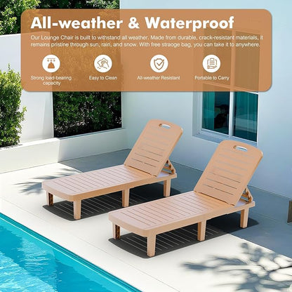 WACASA Outdoor Chaise Lounge Chairs Set of 2, Oversized Lounge Chairs with 5-Level Adjustable Backrest & Cup Holder, Resin Waterproof Pool Lounge Chair for Poolside, Patio, Beach, Yard, Brown
