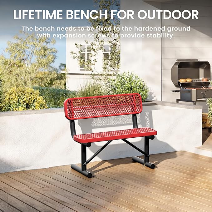 4 Feet Steel Park Bench for Outside, Outdoor Bench with Backrest & Portable Frame, Commercial Benches for Shopping Malls, Stores, Parks, Patios, Decks, Red