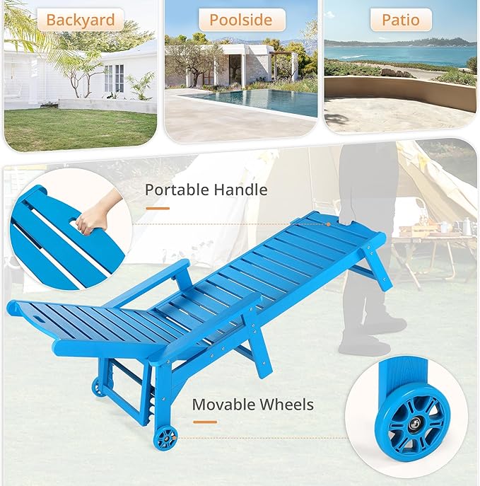 LUE BONA Lounge Chair Outdoor with Table, 2-Piece, HDPS Chaise Lounge Outdoor with Wheels, 5 Positions Adjustable Pool Lounger Chairs for Outside, Patio, Deck, Blue