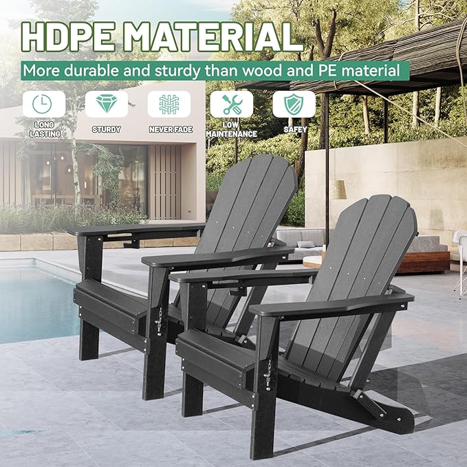 Adirondack Chairs Set of 2, Plastic Adirondack Chair, Adirondack Chairs, HDPE Adirondack Chair, Folding Adirondack Chairs, Outdoor Chairs with Cup Holder for Lawn Patio Deck Fire Pit -Grey