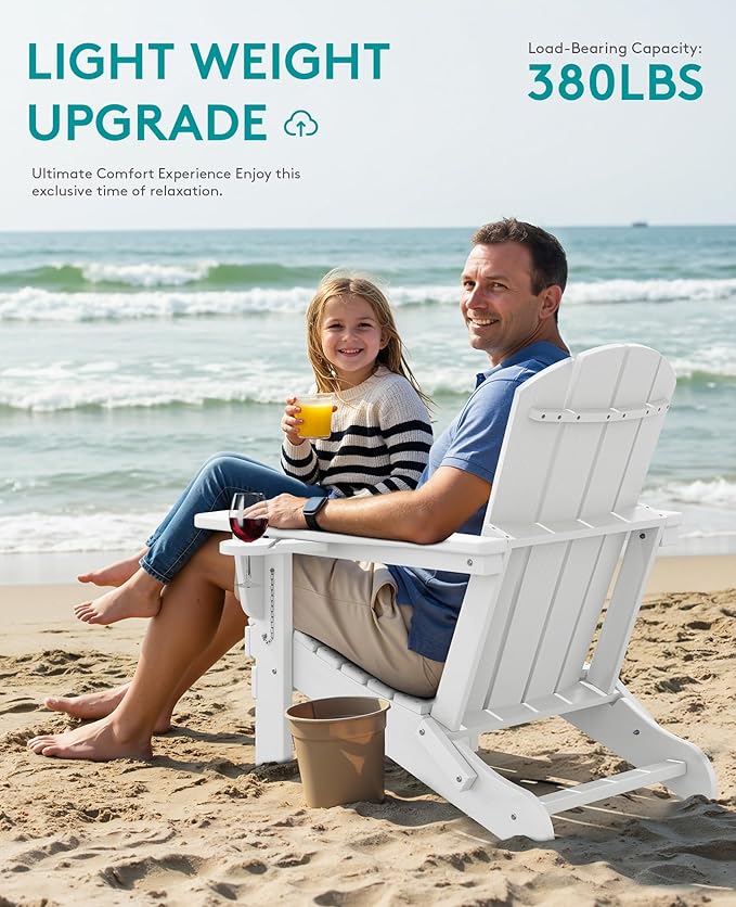SERWALL Folding Adirondack Chair, Dual Cup Holders & All-Weather HDPE, Wood-Like Patio Chair for Backyard - Photo 6