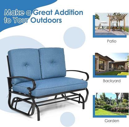 Tangkula Outdoor Swing Glider Chair, Patio Glider Bench for 2 Persons, Outdoor Rocking Loveseat with Steel Frame & Comfortable Cushions for Garden, Porch, Balcony, Poolside (Blue)