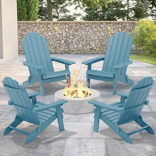 MXIMU Folding Adirondack Chair for Outdoor: Easy Assembly and Comfortable HIPS All-Weather Adirondack Chairs Set of 4 - Wooden Textured Patio Chair for Lawn Garden Deck Backyard Fire Pit