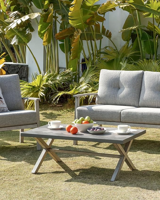 Aluminum Outdoor Coffee Table, All-Weather Rectangle Patio Coffee Table with Resin Tabletop, Modern Aluminum Outdoor Furniture Table for Patio, Poolside, Garden, Balcony, White Oak