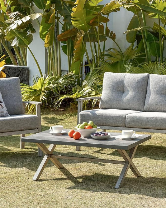 Aluminum Outdoor Coffee Table, All-Weather Rectangle Patio Coffee Table with Resin Tabletop, Modern Aluminum Outdoor Furniture Table for Patio, Poolside, Garden, Balcony, White Oak