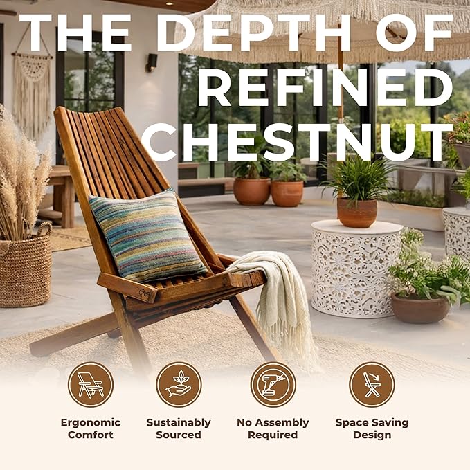 Melino Wooden Folding Tamarack Chairs, FSC Certified Acacia Low Profile Adirondack Chairs, Wood Folding Chair for Outdoor, Patio, Porch, Pool, Backyard, Garden, Balcony and Deck - Chestnut - Single
