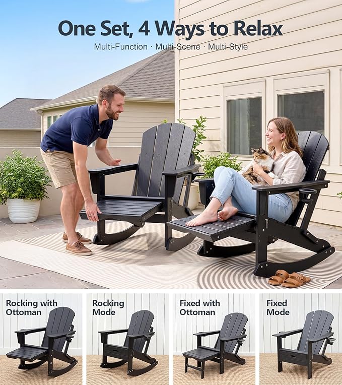 PASAMIC Adirondack Rocking Chairs Set of 2, Foldable All-Weather HDPE Patio Rockers with Retractable Ottoman & Cup Holder, Outdoor Chairs for Porch Backyard Pool Garden Balcony, Black