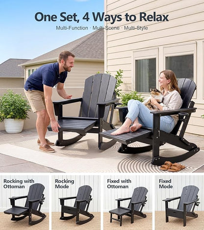 PASAMIC Adirondack Rocking Chairs Set of 2, Foldable All-Weather HDPE Patio Rockers with Retractable Ottoman & Cup Holder, Outdoor Chairs for Porch Backyard Pool Garden Balcony, Black