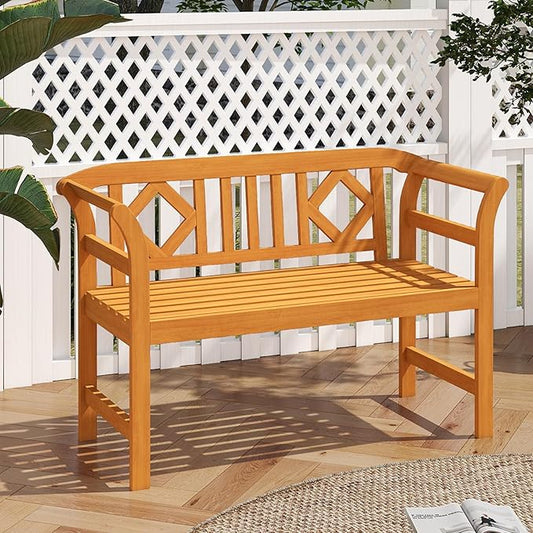 Tangkula Acacia Wood Outdoor Bench with Diamond Backrest, 2-Person Patio Wood Bench with Curved Armrests, Slatted Seat, Garden Bench Loveseat for Park, Yard, Lawn, Patio, 800 LBS Max Load