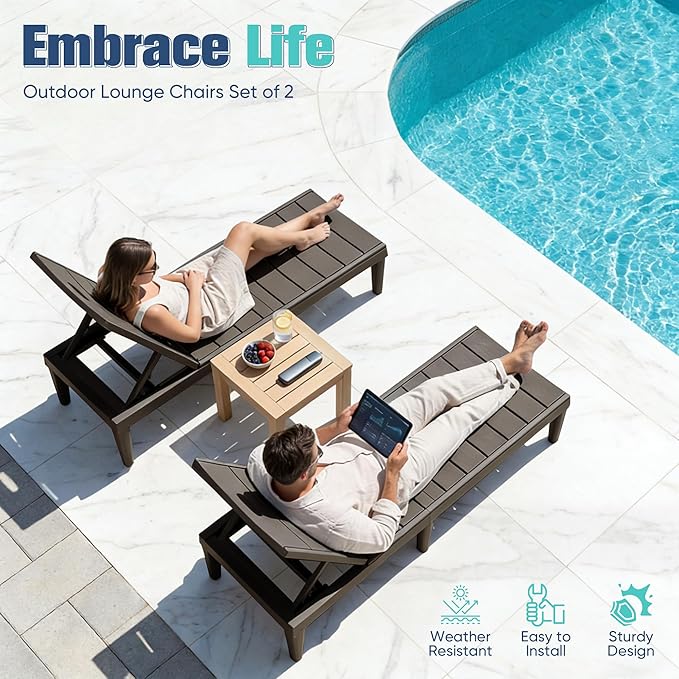 Devoko Outdoor Chaise Lounge Chair Set of 2 with 5-Position Adjustable Back, Waterproof & Lightweight PP Lounge Chairs for Outside Pool Patio (Deep Brown)
