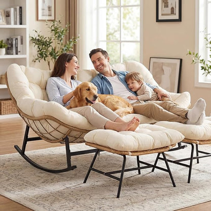 NICESOUL Oversized Double Rocking Papasan Chair with Ottoman and Cushion, Indoor Outdoor Padded Rocking Chair for 2 Person, 700 Lbs Comfy Rattan Egg Loveseat Royal Rocker for Lawn, Garden, Deck, Beige
