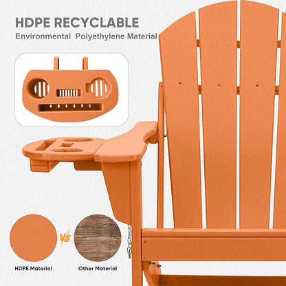FOOWIN Folding Adirondack Chair Set of 4, HDPE Adirondack Chairs with Cup Holder, Weather Resistant Plastic Fire Pit Chairs for Outdoor, Patio, Lawn, Garden, Backyard, Deck, Orange