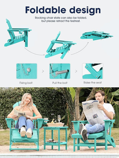 KINGYES Adirondack Rocking Chair Set of 2 with Retractable Ottoman and Cup Holders, HDPE Adirondack Rocker Patio Rocking Chair for Porch, Patio, Balcony, Aqua Blue