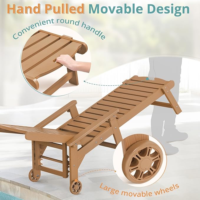 LUE BONA Lounge Chair Outdoor, HDPS Chaise Lounge Outdoor with Wheels, 5 Positions Adjustable Pool Lounger Chairs for Outside, Patio, Teak Color
