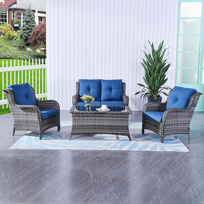 HUMMUH 4 Piece Patio Conversation Furniture Set PE Wicker Rattan Outdoor Loveseat Sofa, Patio Chairs - Photo 1