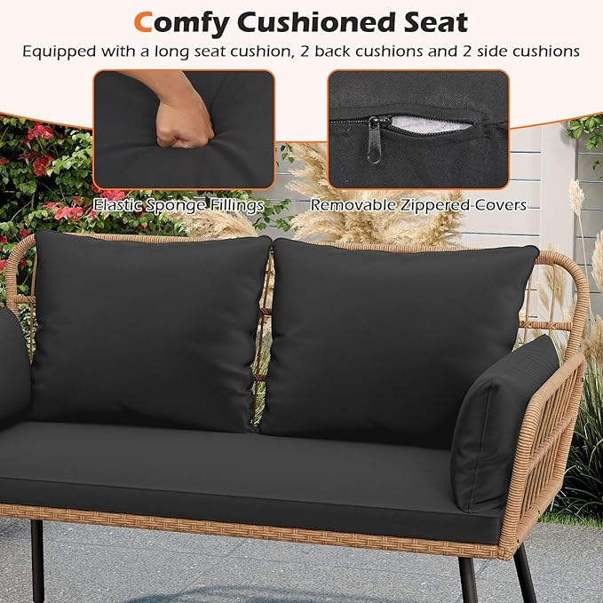 Tangkula Patio Wicker Loveseat, Outdoor Rattan 2-Seat Cushioned Sofa with Heavy Duty Metal Frame, for Backyard, Porch - Photo 7