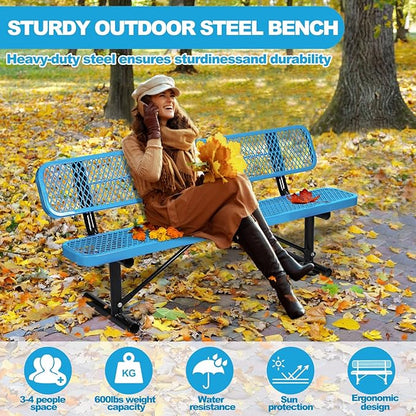 6Ft Outdoor Bench with Back Portable Frame, Outdoor Steel Park Bench with Backrest, Expanded Metal Mesh Bench for Outside, Lawn, Backyard, Park, Garden, Patio, Porch, Blue