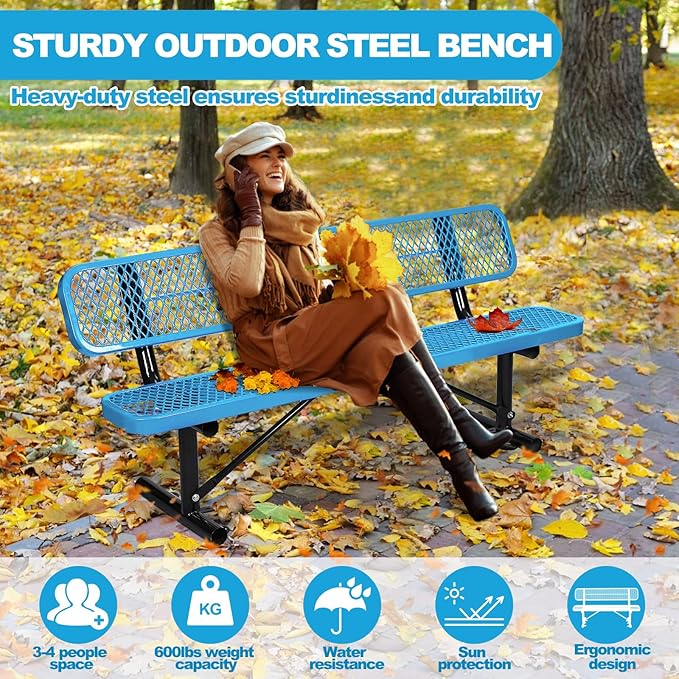 6FT/72INCH Heavy Duty Metal Park Bench for Outside, Outdoor Garden Benches with Backrest & Portable Frame, Expanded Metal Mesh Bench for Shopping Malls, Lawn, Park, Deck, Patio, Porch, Blue