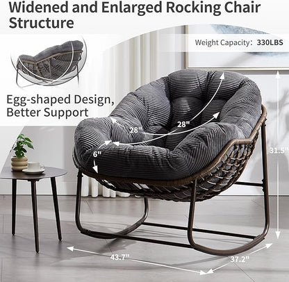 HOMEFUN Outdoor Patio Rocking Chairs, Oversized Papasan Rock Chair Indoor with Striped Velvet Padded Cushion - Rocker Egg Seat for Front Porch, Garden, Patio, Backyard Grey