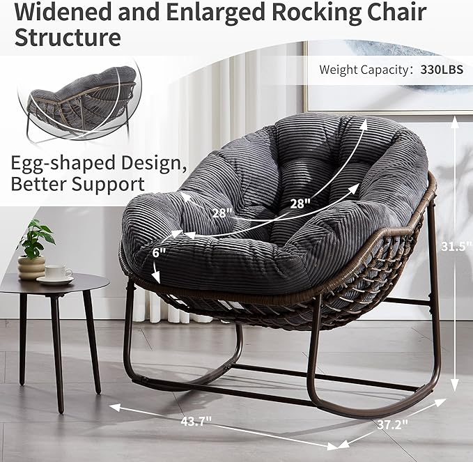 HOMEFUN Outdoor Patio Rocking Chairs Set of 2, Oversized Papasan Rock Chair Indoor with Striped Velvet Padded Cushion - Rocker Egg Seat for Front Porch, Garden, Patio, Backyard Grey