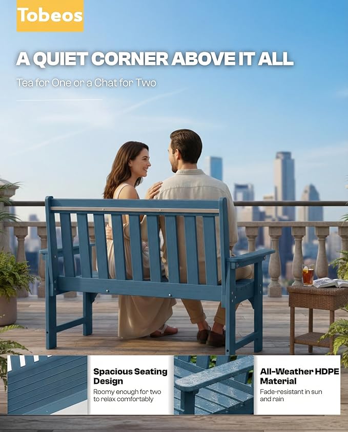 2-Person Outdoor Garden Bench, HDPE All-Weather Patio Bench with Backrest & Armrests, Heavy Duty Outdoor Seating for Porch, Backyard & Park, 660 lbs (Navy Blue, 1 Bench)