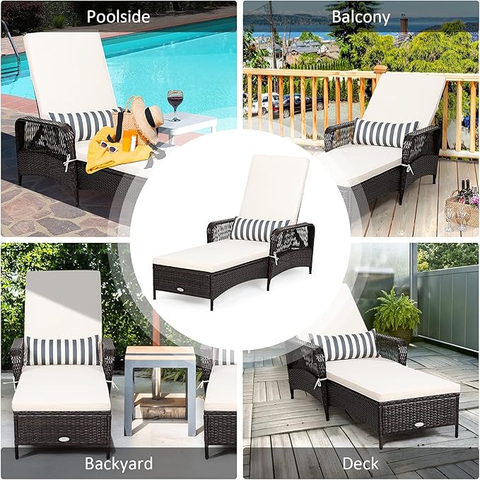 COSTWAY 2 PCS PE Rattan Chaise Lounge Chair Armrest Recliner Adjustable Pillow
