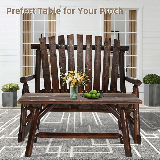 Outdoor Coffee Table, Thick Wooden Patio Adirondack Log Coffee Table with Slatted Tabletop, Wood Rustic Rectangle Center Table for Deck, Garden, Balcony, Indoor or Outdoor Use, Carbonized